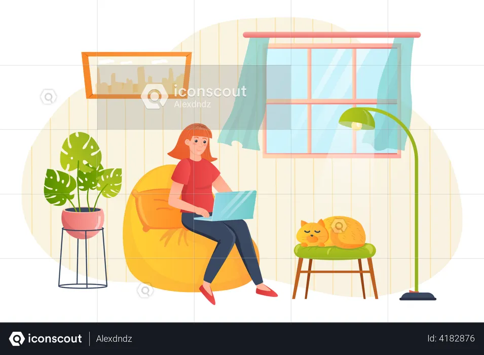 Woman working on laptop while sitting on beanbag  Illustration