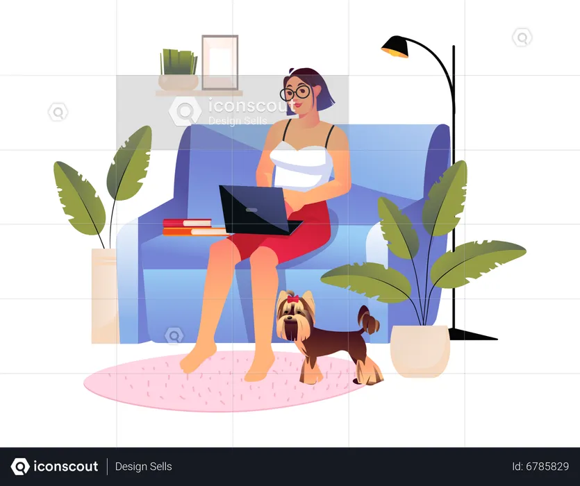 Woman working on laptop while sitting on couch  Illustration
