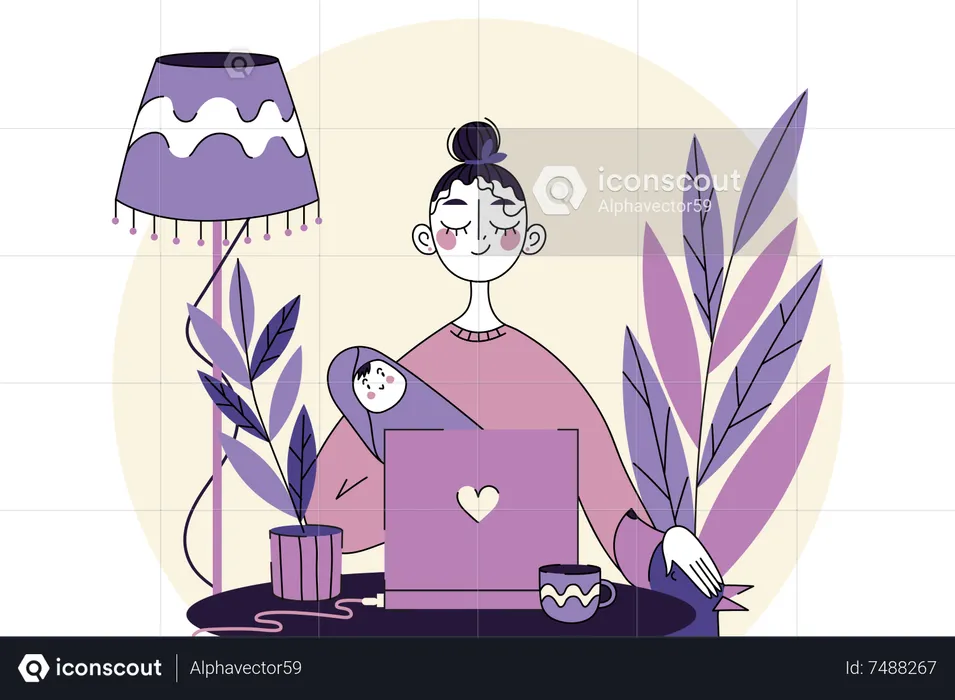 Woman working on laptop with baby  Illustration