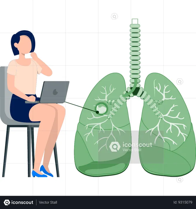 Woman working on lungs cancer research using laptop  Illustration