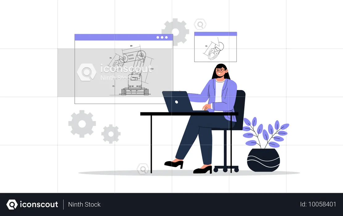 Woman working on machine design  Illustration