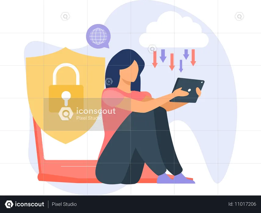 Woman working on network security  Illustration