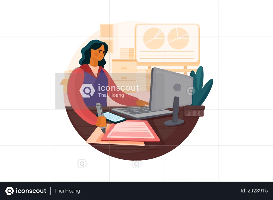 Woman working on new business plan  Illustration