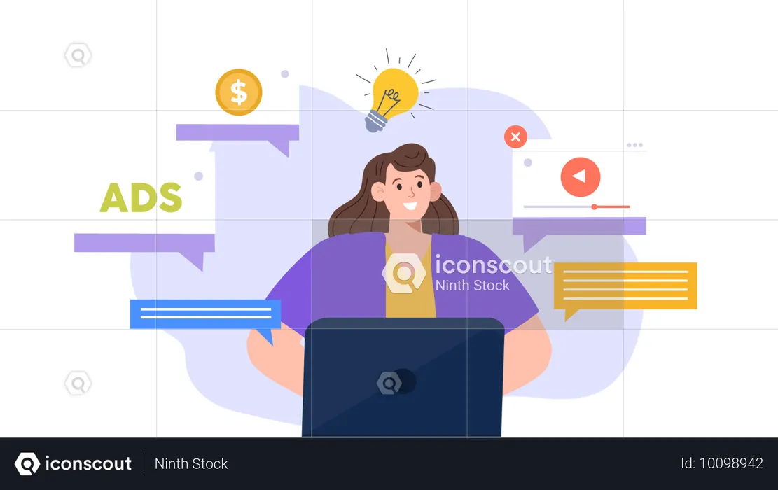 Woman working on online marketing  Illustration