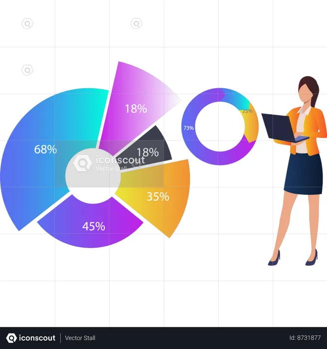 Woman working on pie chart analytics  Illustration