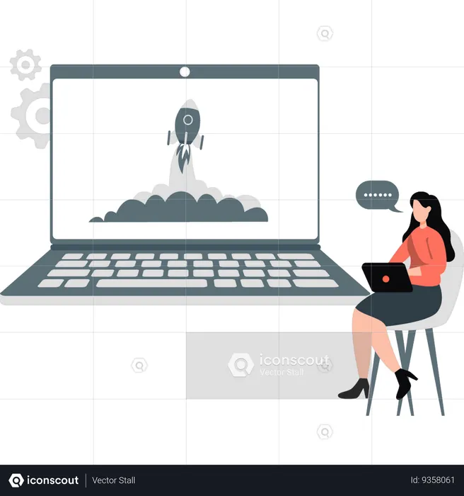 Woman working on startup rocket on laptop  Illustration