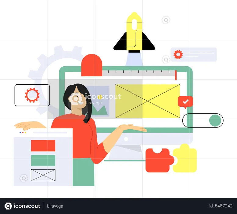 Woman working on startup website  Illustration