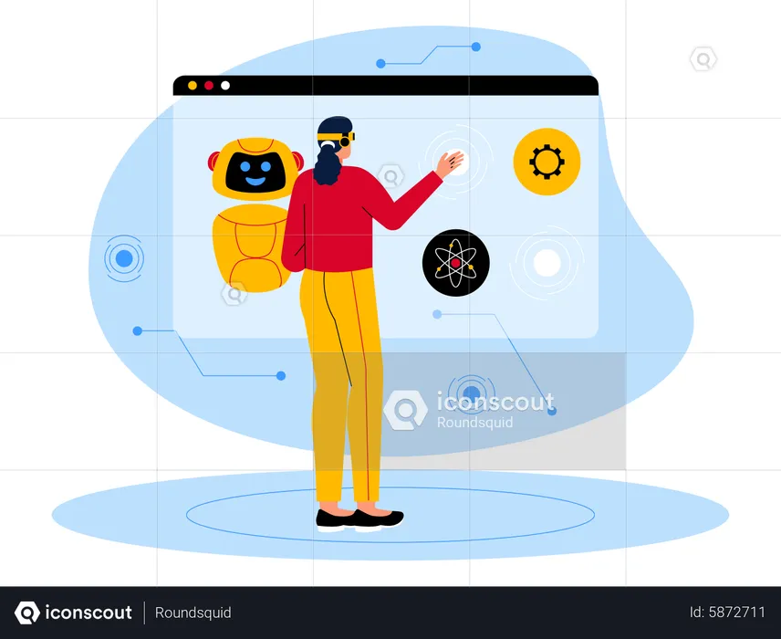 Woman working on tech using metaverse tech  Illustration