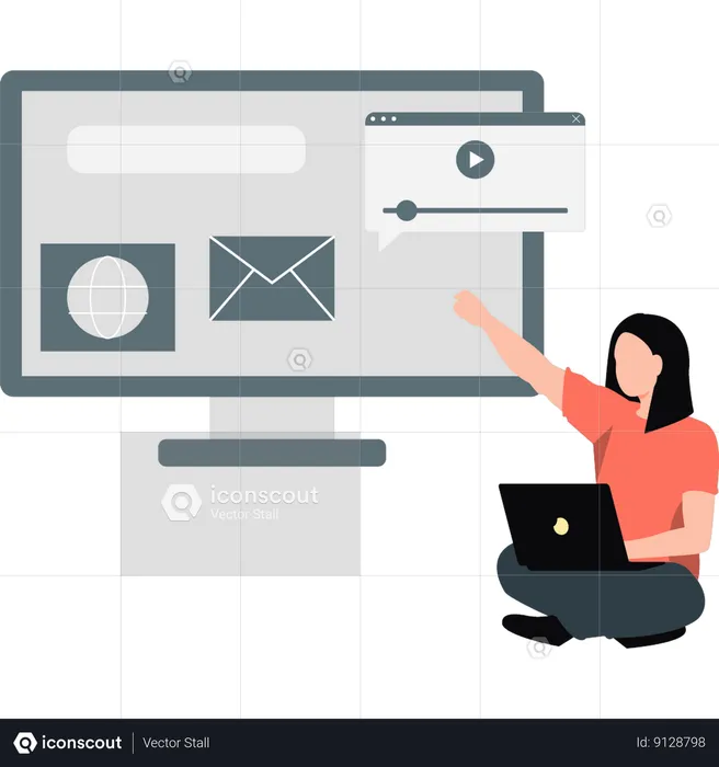 Woman working on video mail on  laptop  Illustration