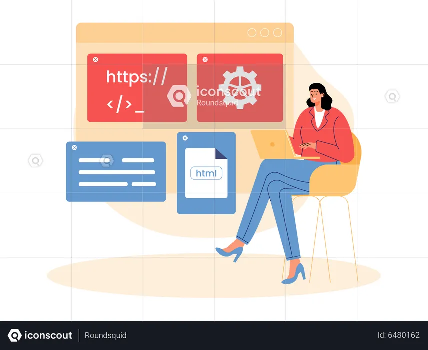 Woman working on web programming at office  Illustration