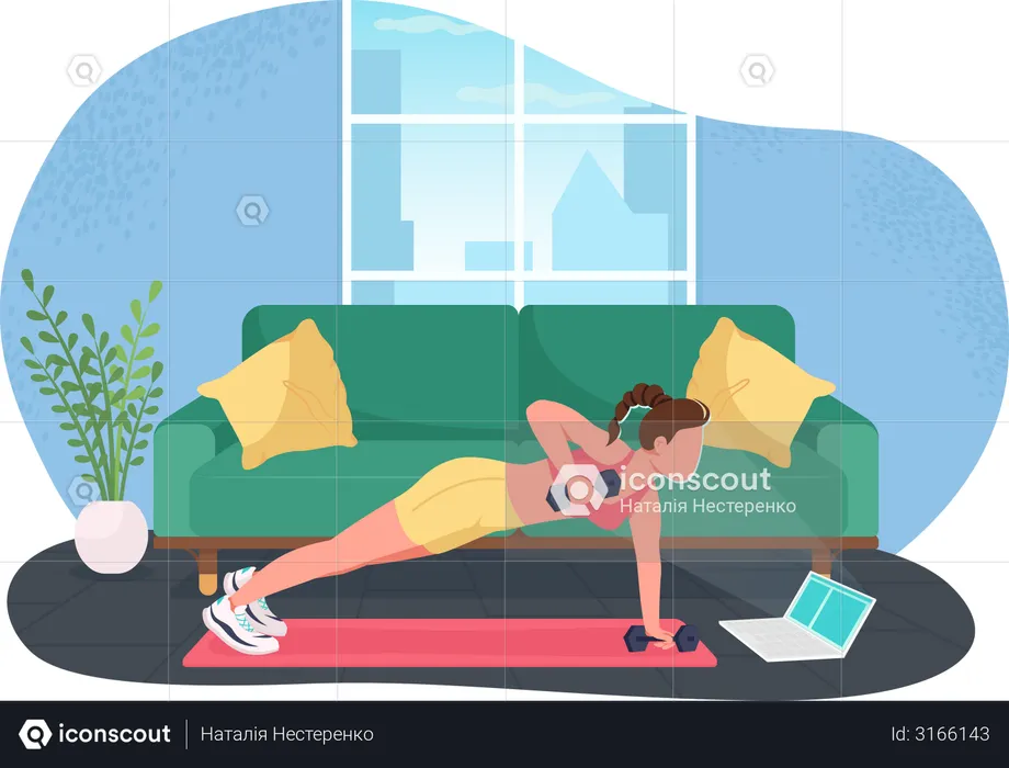 Woman working out while working on laptop  Illustration
