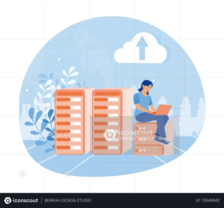 Woman working using laptop while Storing data on computer connected to server  Illustration