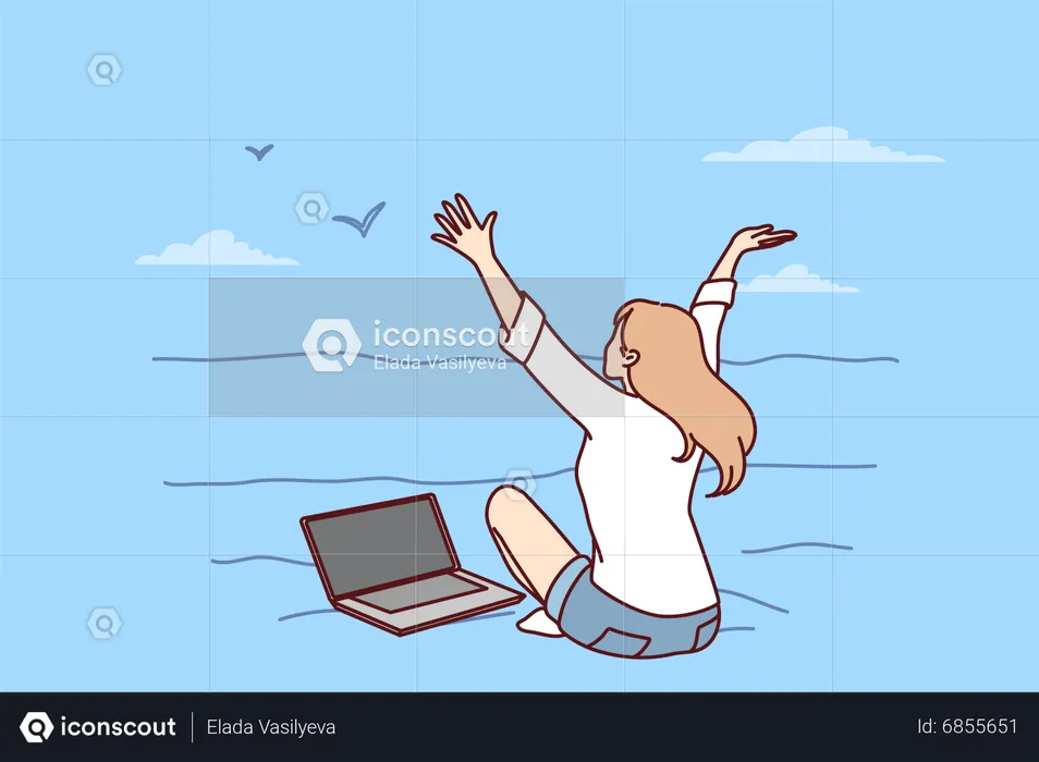 Woman working while at vacation  Illustration