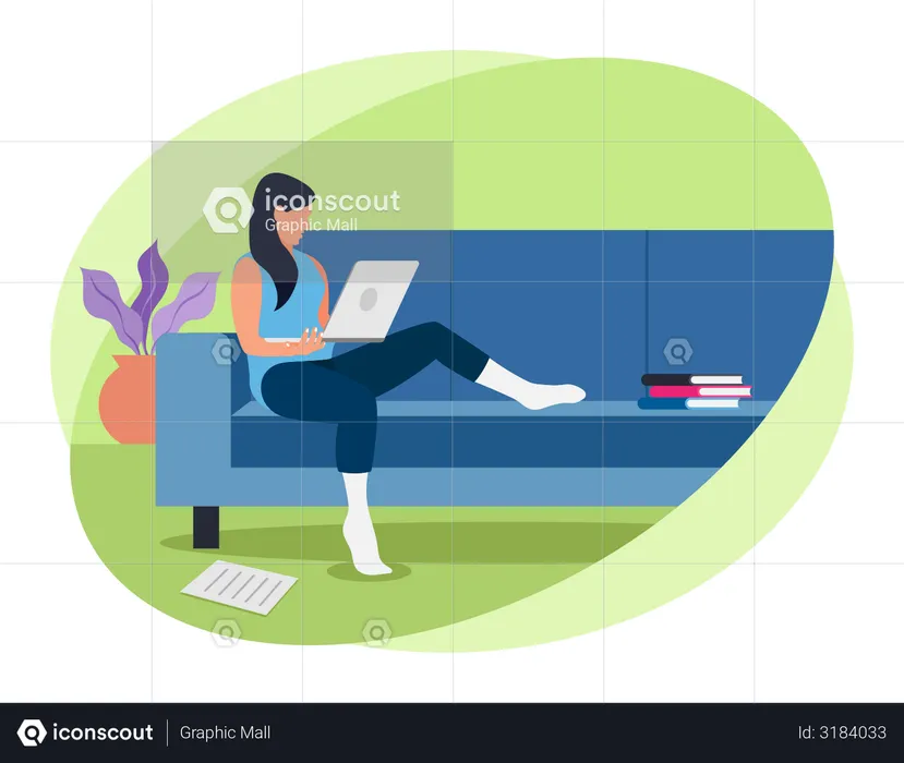 Woman working while sitting on couch  Illustration