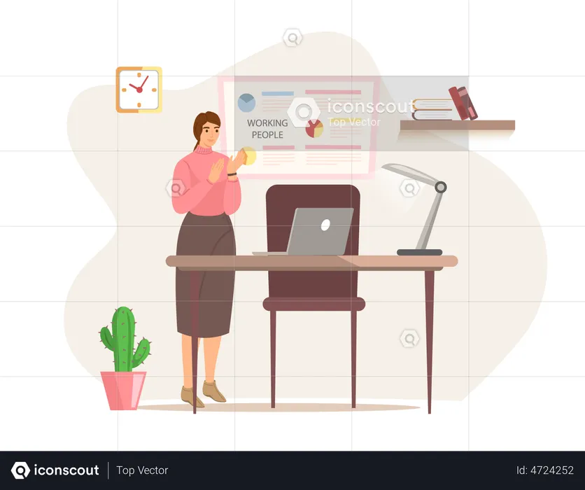 Woman working with laptop at workplace  Illustration