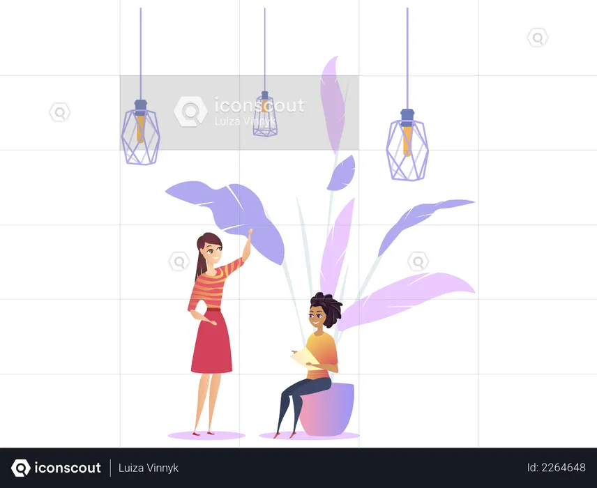 Woman Workplace Loft Modern Plant with Co-working  Illustration