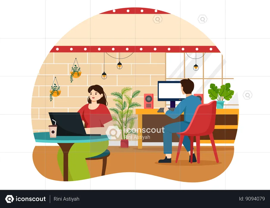 Woman works from cafe  Illustration