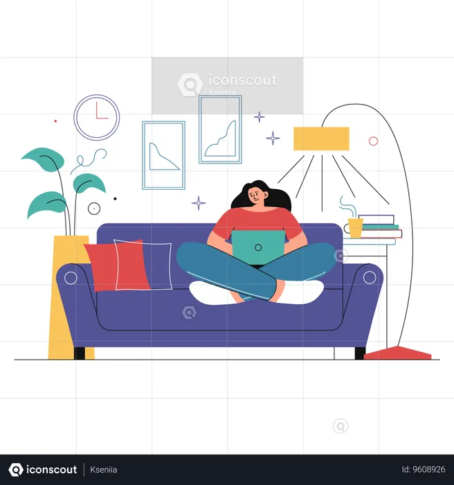 Woman works from home while sitting on the sofa  Illustration