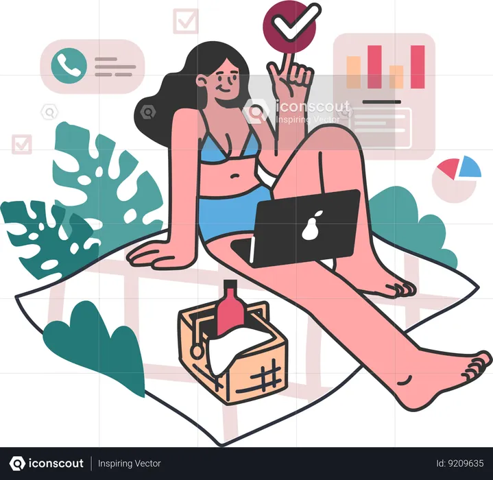 Woman works remotely  Illustration