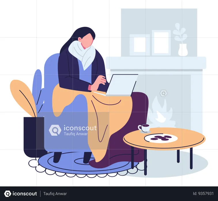 Woman works while sipping hot coffee in winters  Illustration