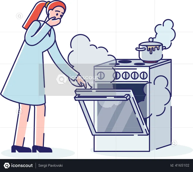 Woman worried about burning gas stove  Illustration