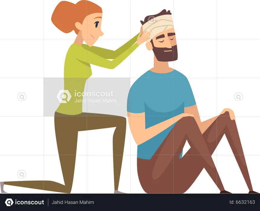 Woman wrapping medical belt on head  Illustration