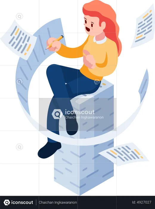 Woman Writing and Sitting on Document Stack  Illustration