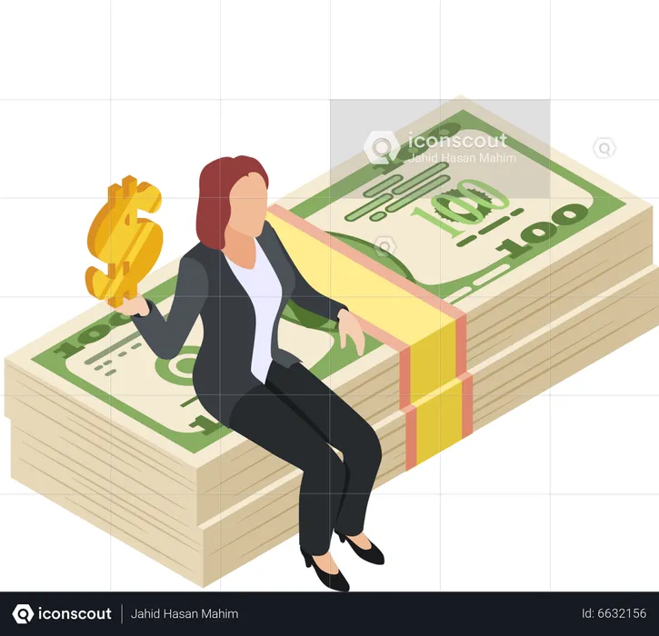 Womanholding dollar sign while sitting on cash bundle  Illustration