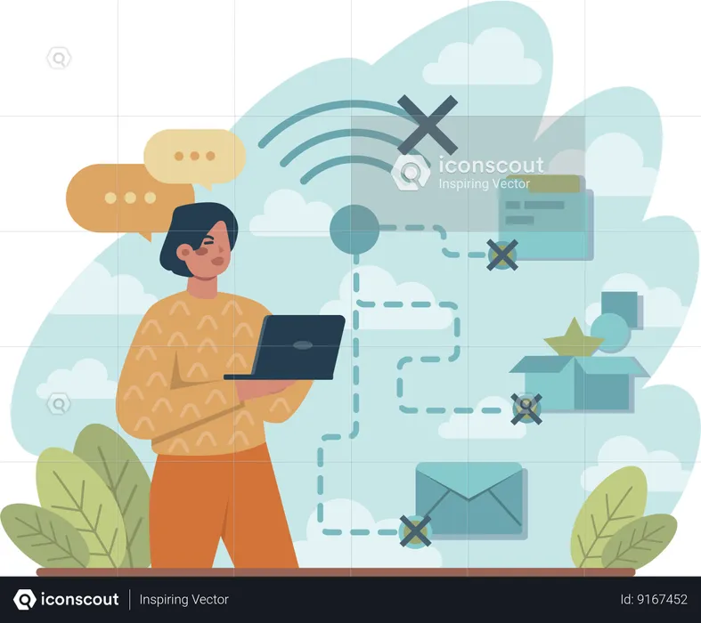 Woman's laptop is not connected to internet  Illustration