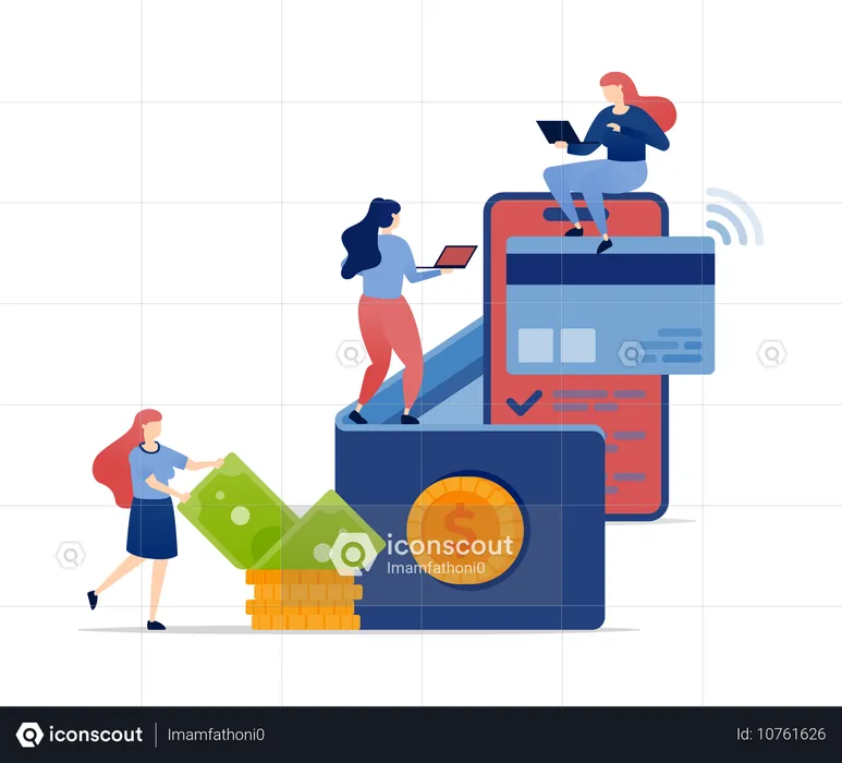 신용카드로 금융 서비스를 이용하는 여성들  일러스트레이션