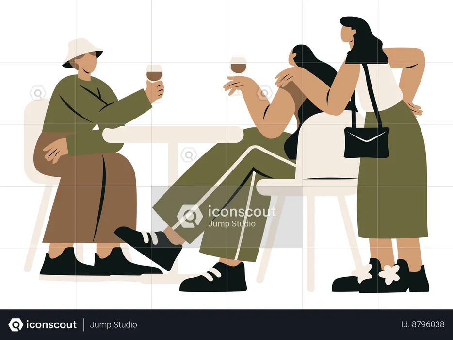 Women and Friend Talk while Sitting at Table  Illustration