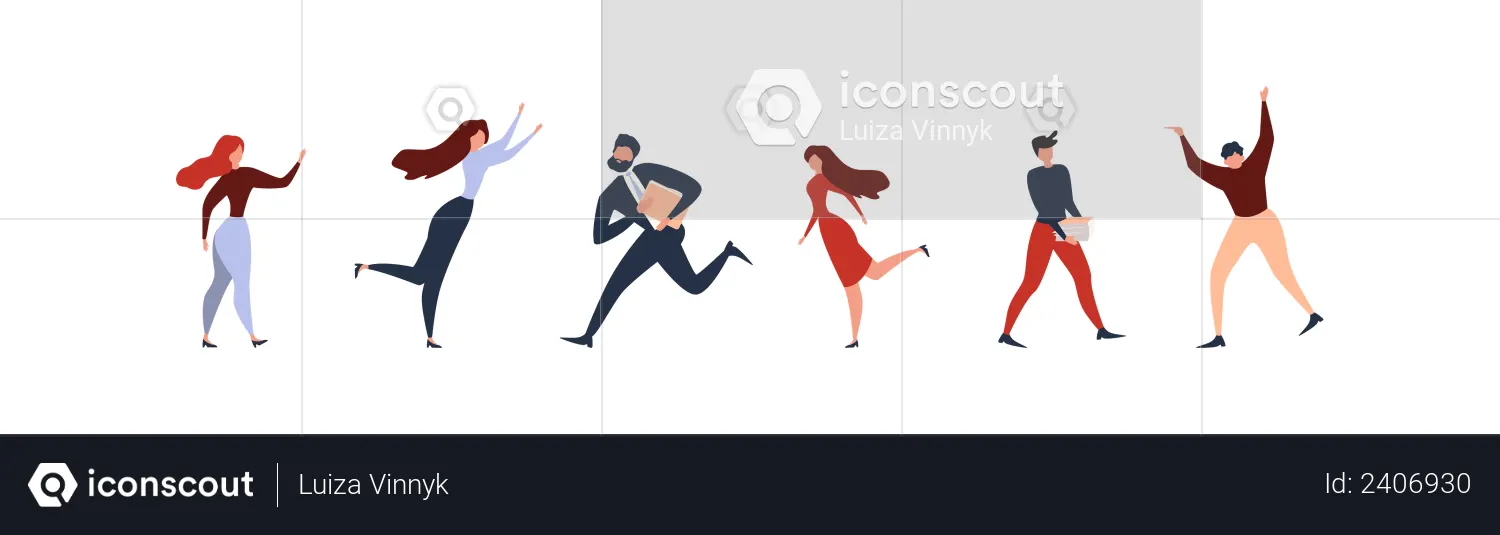 Women and Men Characters Standing, Running, Hurrying, Dancing  Illustration