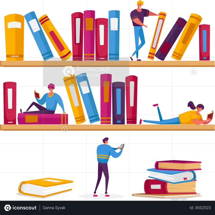 Women and Men Reading in Library Sitting on Shelves with Books  Illustration