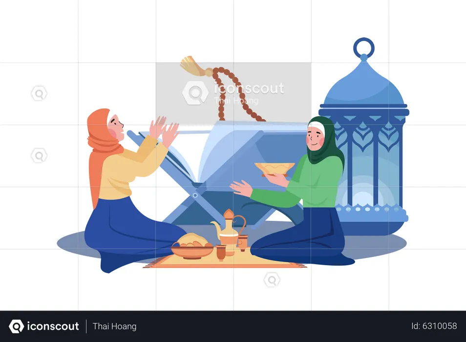 Women Are Reading Al Quran Ramadan Day  Illustration