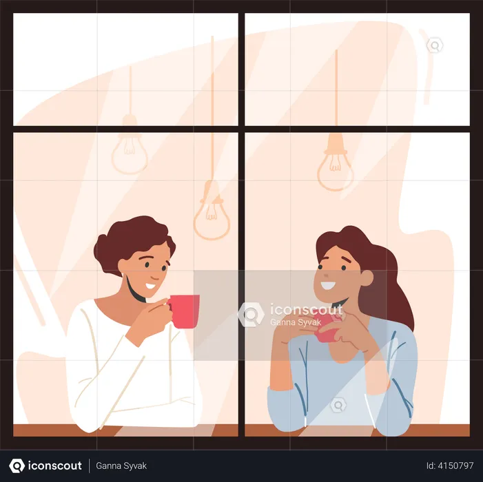 Women at coffee shop having conversation  Illustration