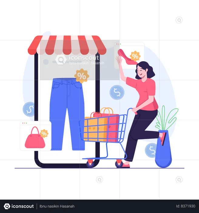 Women buy many products when online stores have discounts  Illustration