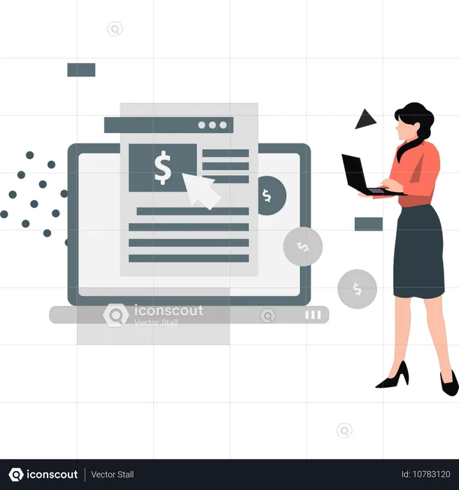 Women checking dollar on webpage  Illustration