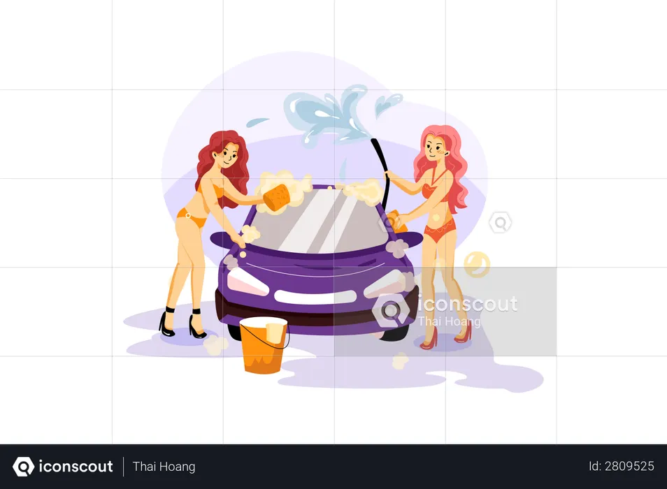 Women Cleaning Car  Illustration