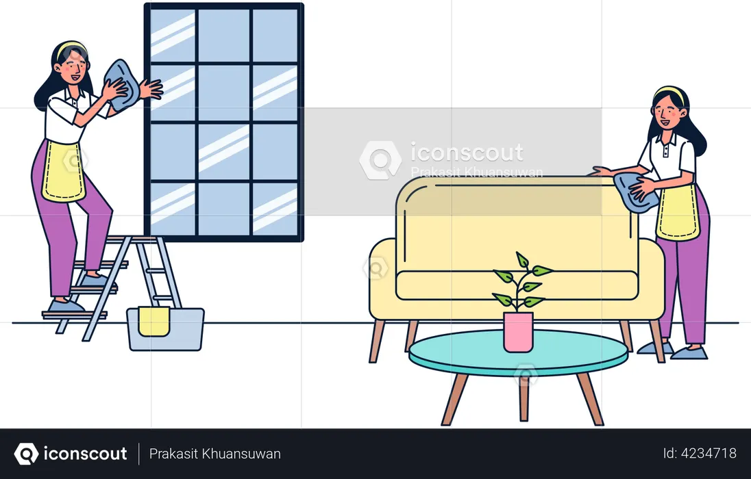 Women cleaning window and couch  Illustration