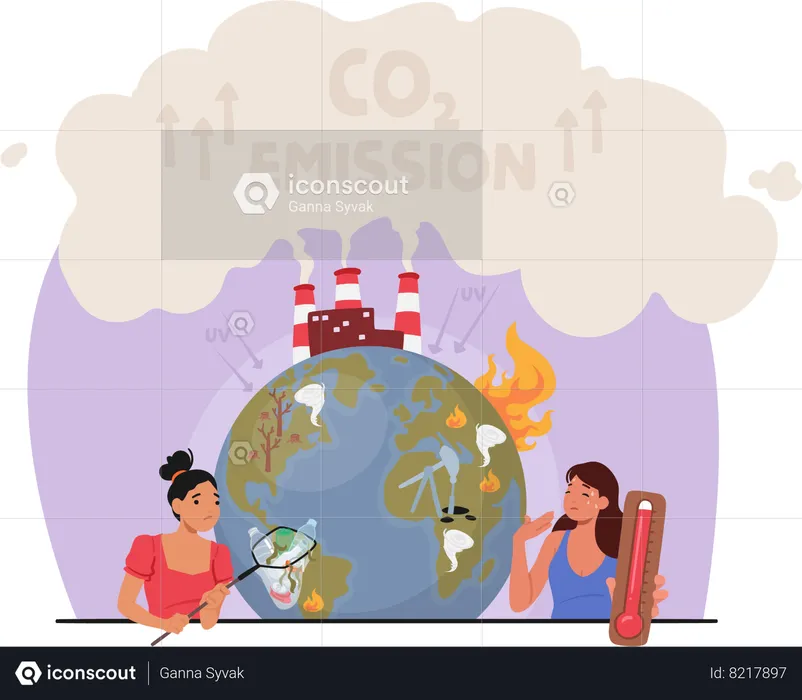 Women Collect Garbage and Showing High Temperature near the Earth  Illustration