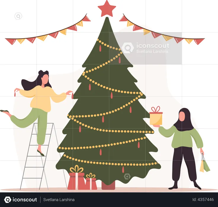 Women decorate Christmas tree  Illustration