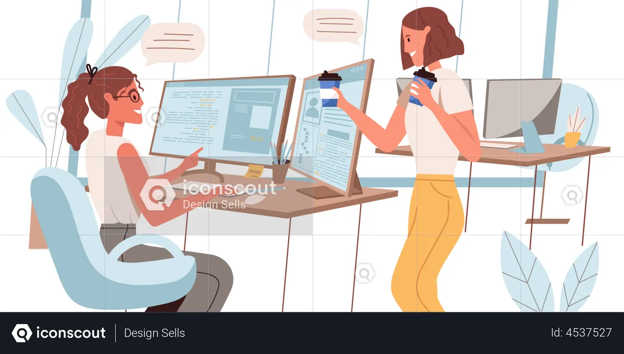 Women developers work in office and colleague giving coffee  Illustration