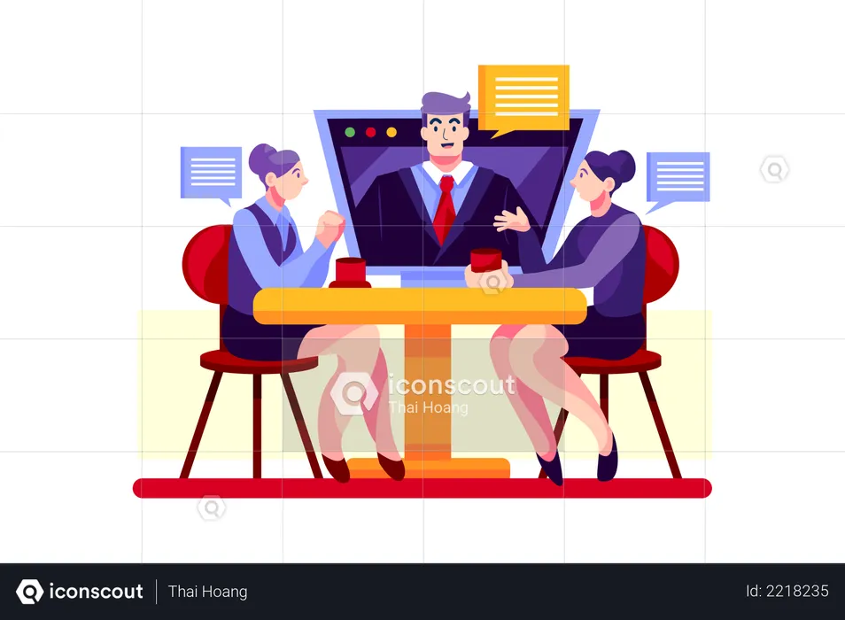 Women discuss with their boss through the online call  Illustration