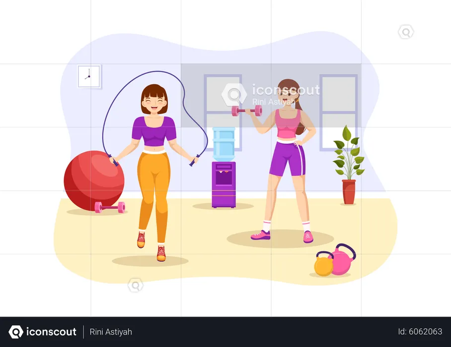 Women doing exercise at gym  Illustration