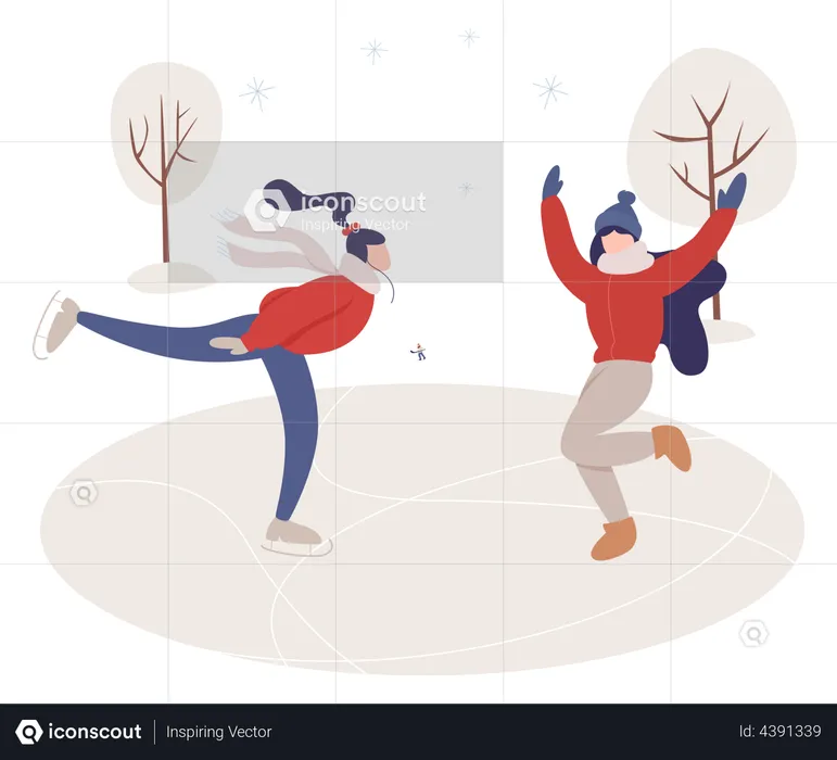 Women doing ice skating together  Illustration