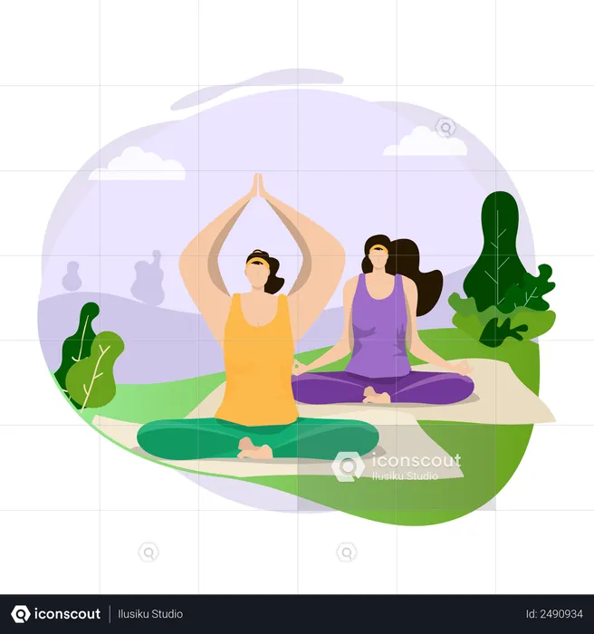 Women doing yoga in park  Illustration