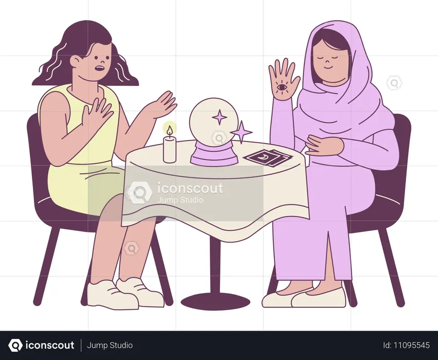 Women Engaged in Fortune Telling Session  Illustration