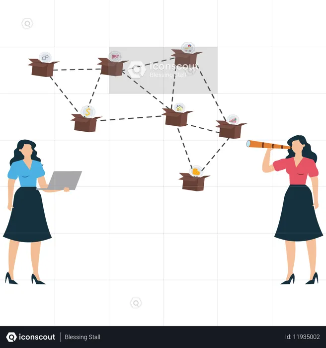 Women Exploring Blockchain-Based Financial Connections  Illustration