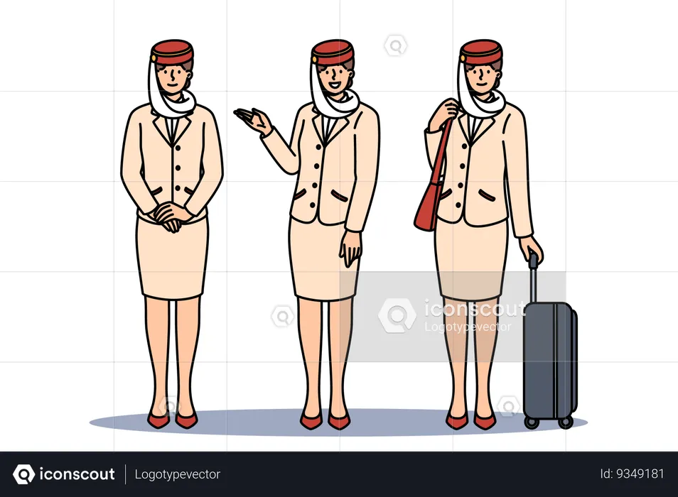 Women flight attendants of Arabian airlines and in traditional uniform with national hat and long skirt  Illustration