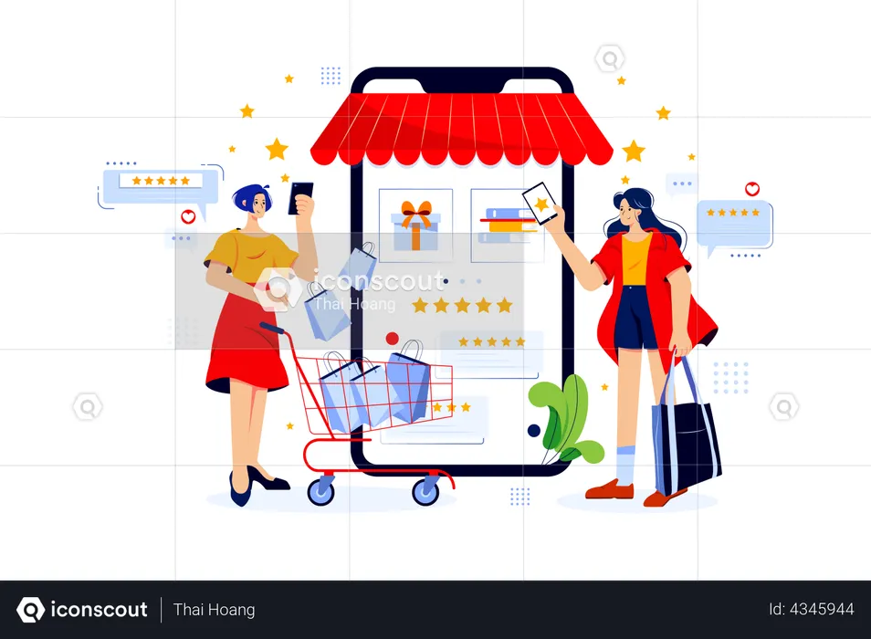 Women giving online shopping review  Illustration